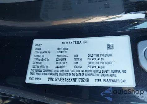 2022 Tesla Model 3 Long Range Dual Motor All-Wheel Drive z USA, uszkodzony, nr VIN 5YJ3E1EBXNF179249